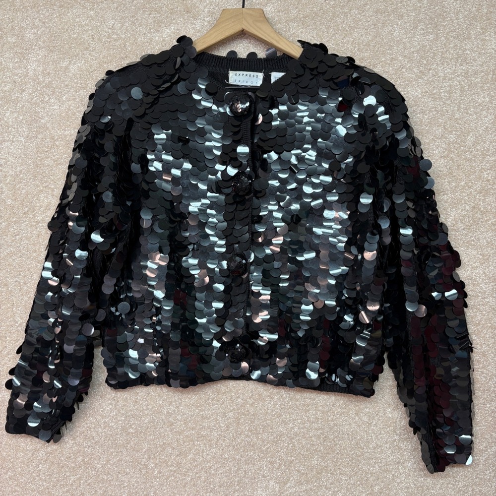 Express Black Large Sequin Pailette Knit Jacket
